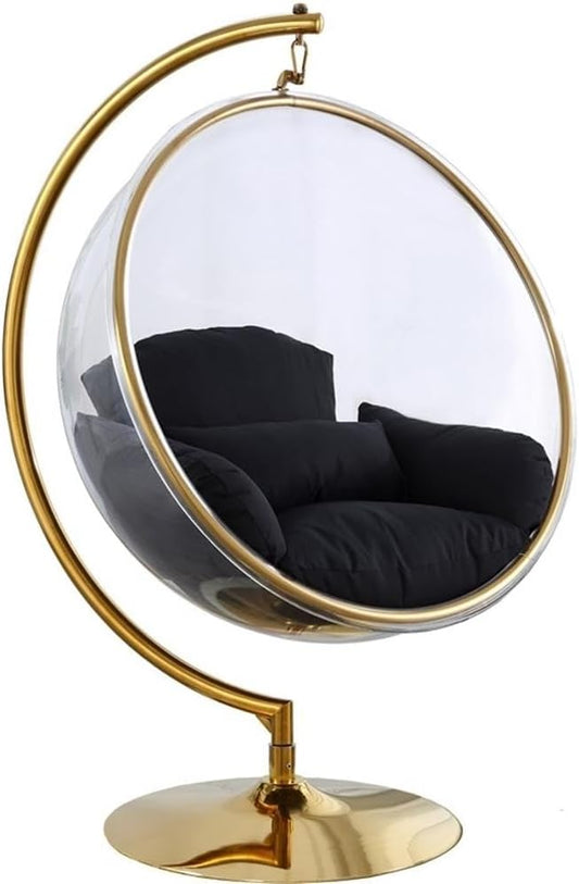 Meridian Furniture 508Black Luna Collection Modern | Contemporary Clear Acrylic Accent Swing Chair with Durable Metal Base and Fabric Seat, Black, Gold Finish, 41.5" W x 29.5" D x 64" H