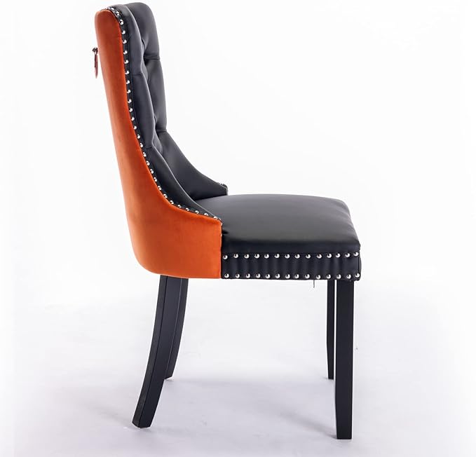 PU and Velvet Upholstered Dining Chair with Wood Legs,Tall Back Side Chair W/Nailhead Trim 2-Pcs Set,for Living Room,Apartment,Black+Orange