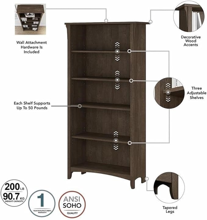 Bush Home Salinas Tall 5 Shelf Bookcase - Set of 2 in Ash Brown, Vertical Office Storage, Bookshelves for Home Workspace, Multi-Purpose Shelving Units