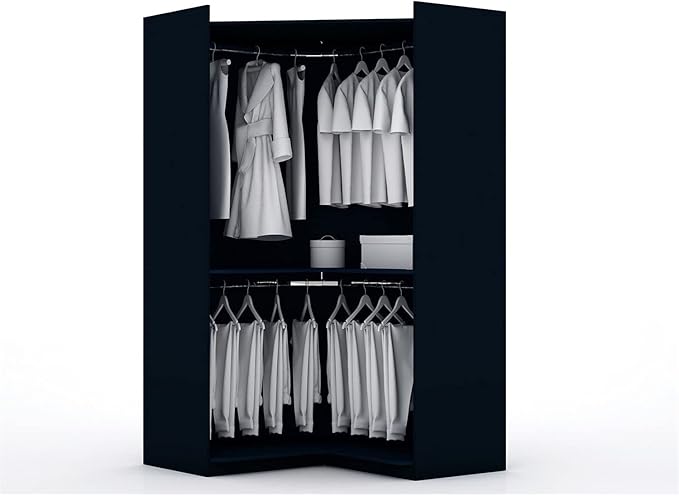 Manhattan Comfort Mulberry 2.0 Corner Wardrobe Closet with Drawers, Hanging Rods and Adjustable Shelves, 2-Piece Free Standing, Open Sectional Design for Bedrooms & Dressing Rooms, Midnight Blue