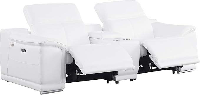 BlackJack Furniture Venice Top Grain Italian Leather Power Recline 8 Piece 5 Seater Sofa - 134" Theater Seating Modern Couch for Living Room Apartment with Adjustable Headrests & USB Port, White