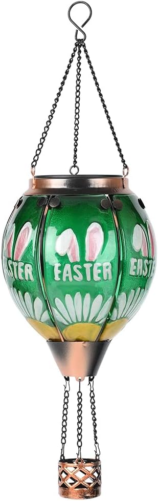 Hot Air Balloon Solar Lantern - Butterfly Stained Glass Lantern, Simulated Flickering Dancing Flame, Outdoor Hanging Yard Light Waterproof IP65 for Patio Lawn Porch Decor Gift
