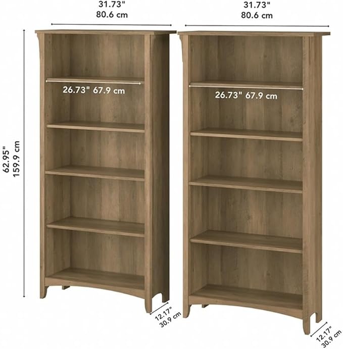 Bush Home Salinas Tall 5 Shelf Bookcase - Set of 2 in Reclaimed Pine, Vertical Office Storage, Bookshelves for Home Workspace, Multi-Purpose Shelving Units