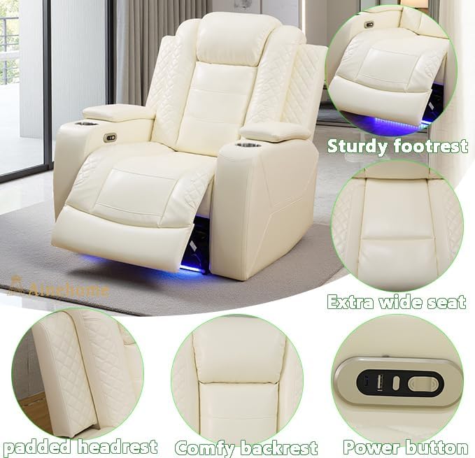 A Ainehome Living Room Furniture Reclining Sectional Sofa Set, Power Recliner Adjustable Sofa, Loveseat and Chair with USB Chargers/Storage Console for Living Room/Office/Home Theather(B-Off-White)