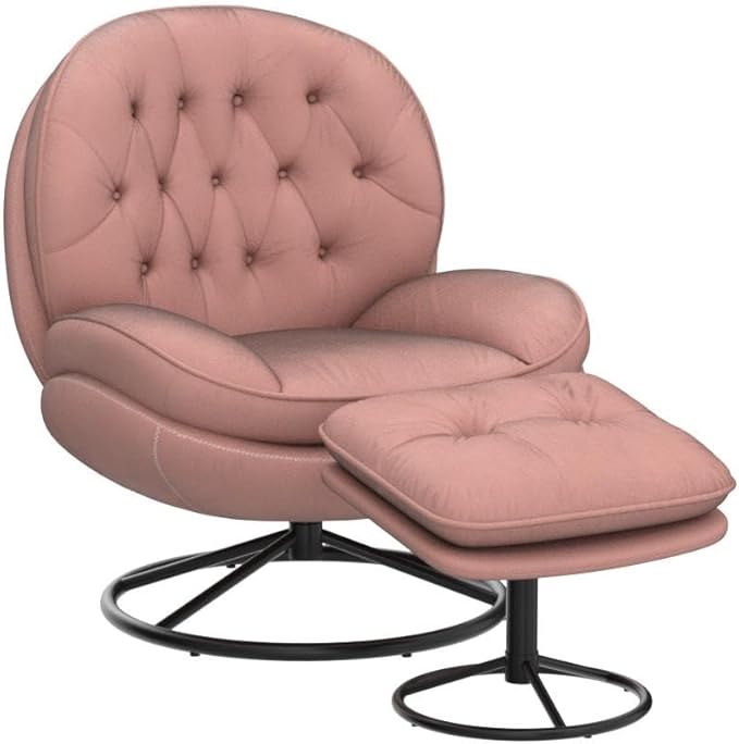 Velvet Swivel Accent Chair with Ottoman Set, Modern Lounge Chair with Metal Base Frame & Footrest, Comfortable Single Leisure Sofa Chair Reading Chair with 360 Degree Swiveling for Living Room, Pink
