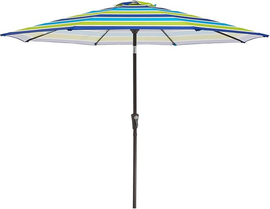 MEWAY 9ft Patio Umbrella Outdoor Table Umbrellas with Push Button Tilt and Crank, Market Umbrella 8 Sturdy Ribs for Deck, Garden, Pool and Backyard, Blue-Green Stripe