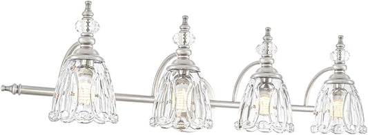 4 Light Brushed Nickel Bathroom Light Fixture, Antique Vanity Light with Flower Glass Shade, Bathroom Vanity Light Over Mirror, Farmhouse Sconces Wall Lighting for Hallway Livingroom Bedroom