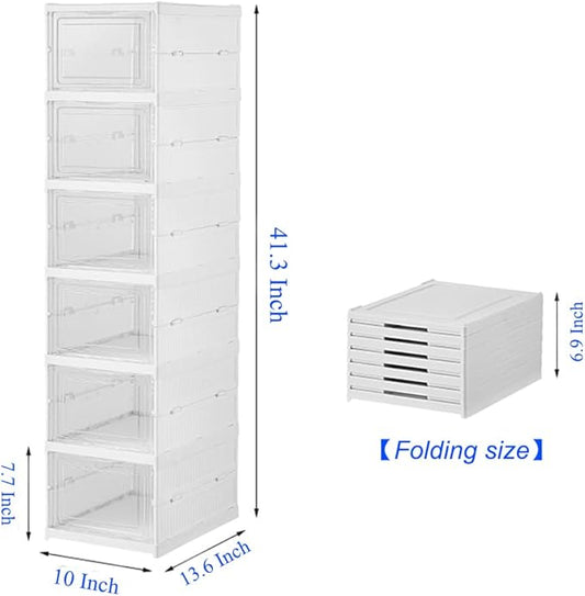 Shoe Rack Shoe Storage Box Bins Clear Collapsible Plastic Installation-Free Size up to 14, Stackable Foldable Tote with Lids Organizing Dustproof 6-Tiers