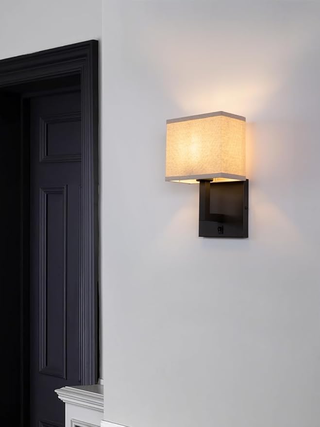 Yosoan Boho Fabric Wall Sconce with On Off Switch, 1-Light Brass Hardwired Vanity Retro Indoor Vintage Industrial Wall Mount Lamp Fixture Lighting for Bedside Living Room Stairwell Hallway Home(Black)