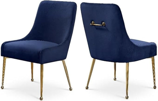 Meridian Furniture Owen Collection Modern | Contemporary Velvet Upholstered Dining Chair with Polished Gold Legs, Set of 2, 24" W x 21" D x 34.5" H, Navy