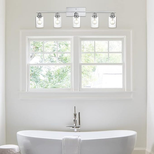 VINLUZ 5 Light Bathroom Lighting Fixture in Chrome Finish,Contemporary Indoor Wall Lights with Clear Cylinder Glass Shade Classic Vanity Light for Stair Entryway Hallway