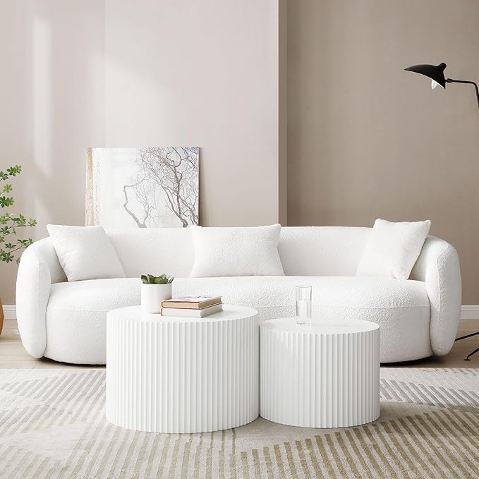 Modern Curved Sofa, 93.6" 4-Seater Boucle Cloud Couch with 3 Pillows, Comfy Upholstered Sofas for Living Room, Apartment, Office, Off-White