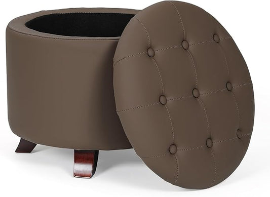 Athena Collection 20 Inch Small Ottoman with Storage, Round PU Leather Storage Ottoman with Removable Lid, Stylish Footstool Foot Rest for Living Room, Bedroom, Dorm, Brown