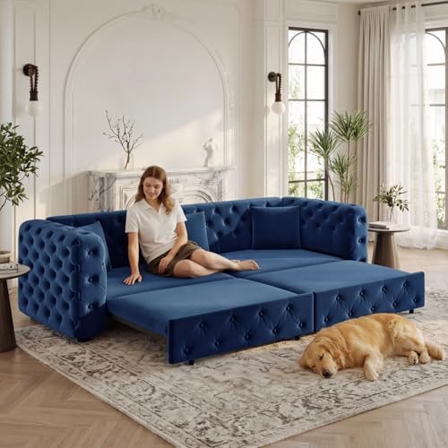 89" 4-Seater Queen Size Pull Out Sofa Bed with 3 Pillows, Blue