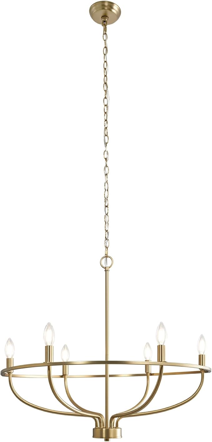 6 Light Gold Chandelier, Brushed Gold Light Fixture Dining Table Candle Brass Chandelier Lighting for Bedroom Hallway Entryway Living Room Kitchen 29in Brushed Brass Chandeliers