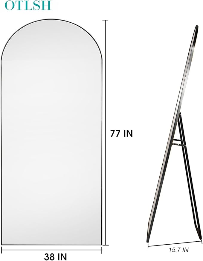 Arched Floor Mirror, 77"38" Full Length Mirror with Stand, Freestanding, Aluminum Frame - Black