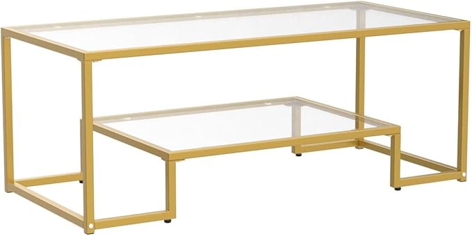 Golden Metal Glass Coffee Table - Two-Tiered with Tempered Glass, Stylish Metal Frame Coffee Table for Bedroom, Dining Room, Office Room.