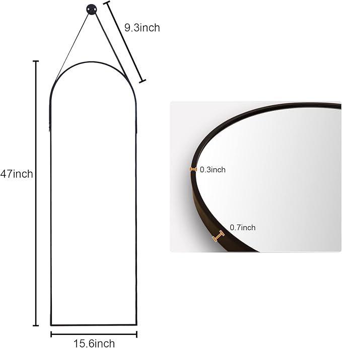 HARRITPURE 16"x48"Arched Mirror with Hanging Leather Strap Full Length Mirror Aluminum Frame Wall-Mounted Arch Hanging Mirrors for Bathroom Vanity Living Room Bedroom Entryway Decor