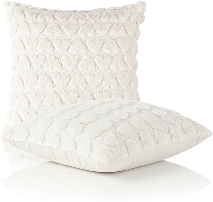 Valentine Pillow Covers 20x20 Inch Set of 2 Valentines Day Decorations Heart Cream White Heart Plush Faux Fur Pillow Covers for Sofa Bed Living Room Holiday Home Decor