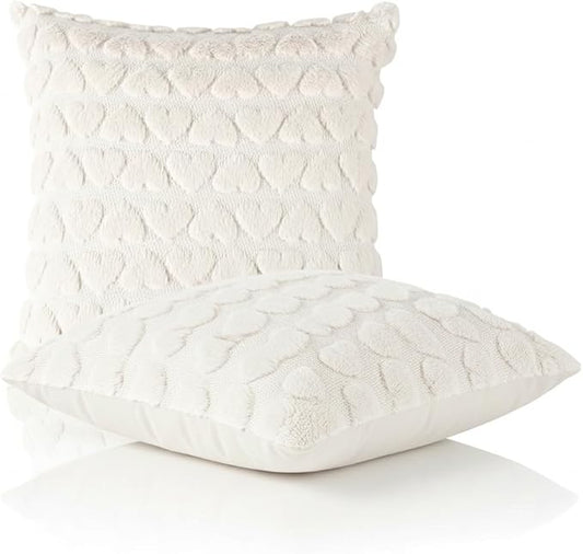 Valentine Pillow Covers 20x20 Inch Set of 2 Valentines Day Decorations Heart Cream White Heart Plush Faux Fur Pillow Covers for Sofa Bed Living Room Holiday Home Decor
