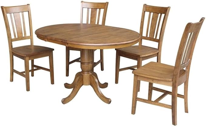 International Concepts 36" Round Top Pedestal Ext Table With 12" Leaf And 4 Rta Chairs, Pecan