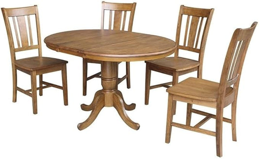 International Concepts 36" Round Top Pedestal Ext Table With 12" Leaf And 4 Rta Chairs, Pecan