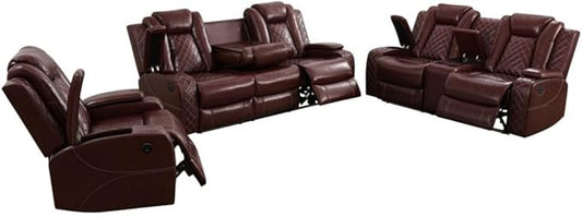 Electric Power Recliner Chair/Loveseat/Sofa Living Room, Comfy Home Theater Breathing Leather Seating with USB 2.0 Charging Ports, LED Light Strips, Fold-Down Table & Cupholders (Red, 3-Piece)