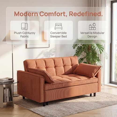 54" Convertible Pull Out Sofa Bed with Adjustable Backrest, Orange