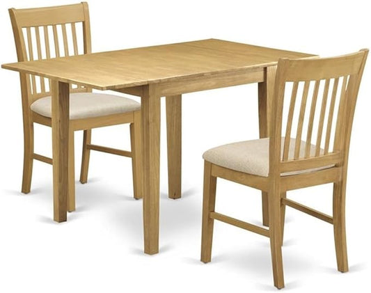 East West Furniture NDNO3-OAK-C 3 Piece Dining Set Contains a Rectangle Dining Room Table with Dropleaf and 2 Linen Fabric Upholstered Kitchen Chairs, 30x48 Inch, Oak