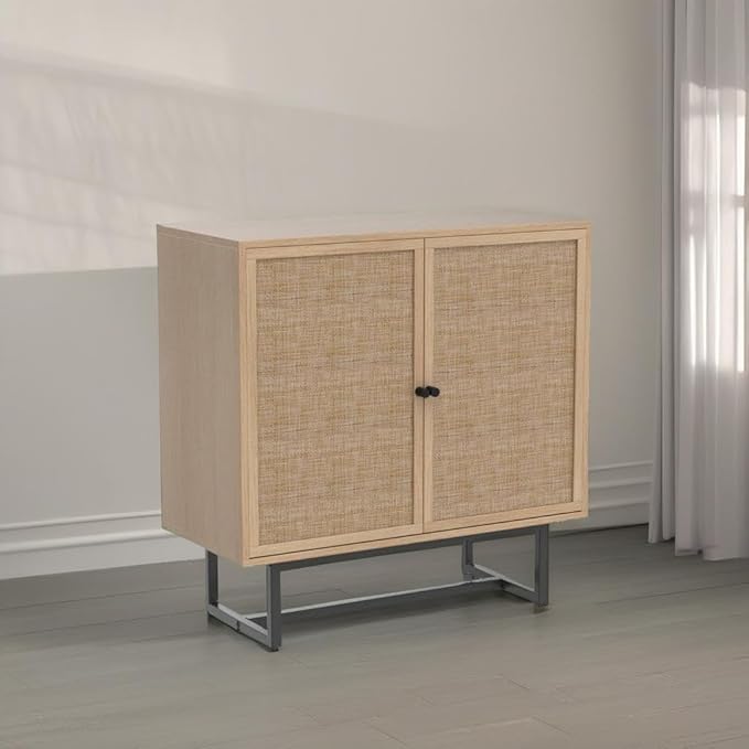 Nathan James Kova Accent Sideboard Storage Cabinet in Light Wood and Rattan with Metal Frame, Adjustable Shelves and Cane Doors, for Hallway, or Living Room, Light Oak/Cane/Black