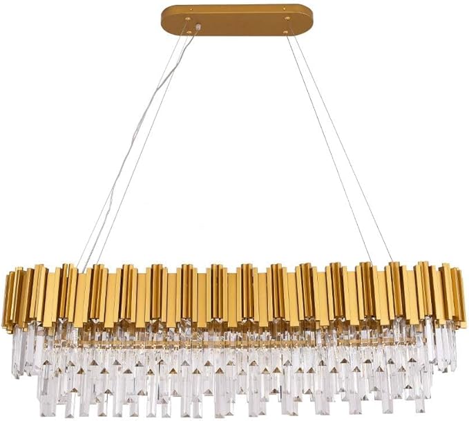 W43.3 Modern Crystal Chandelier - Luxury Pendant Ceiling Light for Dining Room, Kitchen Island, or Living Room - Oval Raindrop Contemporary Chandelier with Gold Finish.