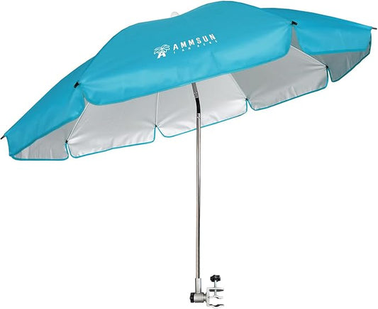 AMMSUN Chair Umbrella with Universal Clamp Adjustable 47 inches and 360° Swivel & UPF 50+ Protection Portable Sun Umbrella, Secure Clip on Camping/Beach Chairs, Stroller, Wheelchair, Golf cart, Lounger, Light Blue, Large-sized