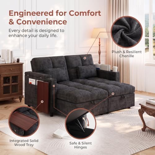 Convertible Sectional Sofa Bed with Storage, Tray & USB Port, Black