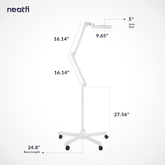 Neatfi LED Magnifying Floor Lamp 1,200 Lumens – 5” Bifocal Glass Lens, Dual Magnification 2.25X + 6X, Dimmable Task Light | Adjustable Arm, Rolling Base | Reading, Crafting & Sewing (White, 5 Inches)