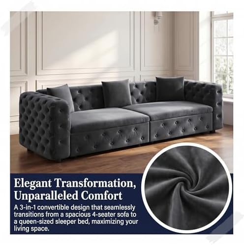 89" 4-Seater Queen Size Pull Out Sofa Bed with 3 Pillows, Gray