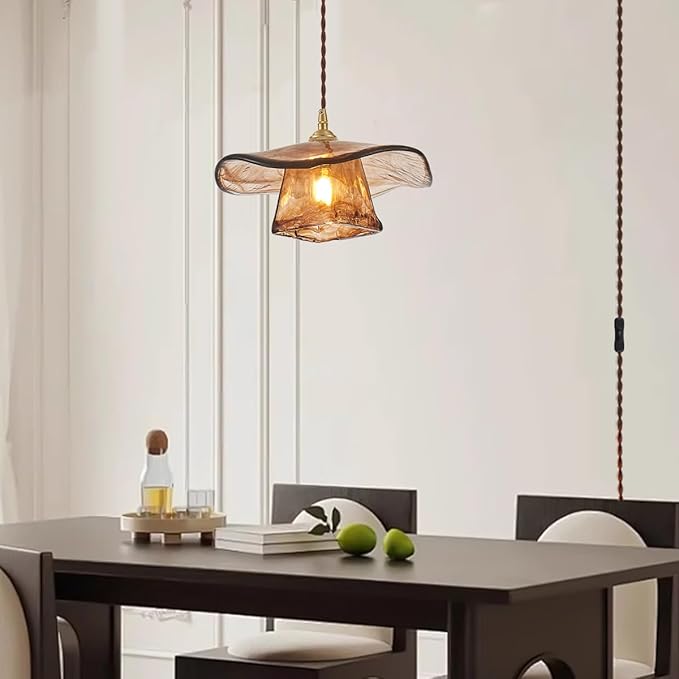 YLONG-ZS Hanging Lights with Plug in Cord,Hanging Lamp Plug in Gold Vintage Glass Pulley Brass Modern Pendant Lights for Kitchen Island,Dining Room, Living Room,Bedroom