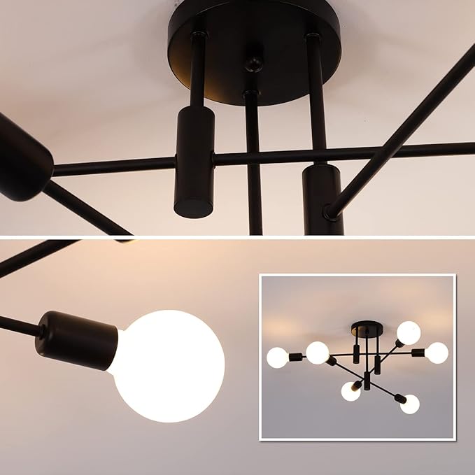 Garwarm Black Sputnik Ceiling Light Fixture, 6-Lights Semi Flush Mount Ceiling Light, Modern Kitchen Chandelier for Dining Room Bedroom Entryway Hallway