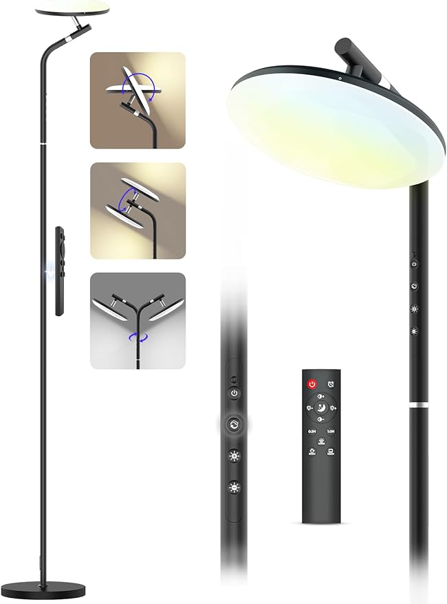 LED Floor Lamp, 32W Super Bright Standing Lamp with Remote Control, Modern Dimmable 69" Torchiere Tall Lamp, 350°Rotating Head Reading Floor Lamp for Living Room, Bedroom, Office, Black