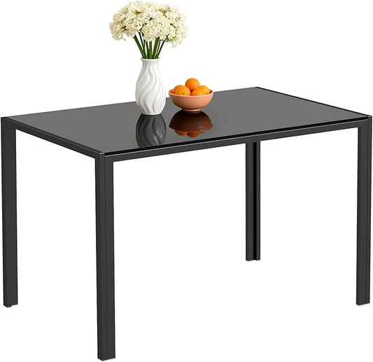 FDW | Dining Table for 4-6 People | Black | 47 Inch Rectangular Glass Kitchen Table | Space-Saving and Modern Design | for Dining Room, Easy to Assemble