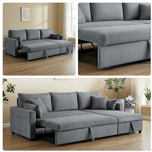 85" 3 Seats Sectional Sleeper Sofa with 3 in 1 Pull Out Bed, Gray
