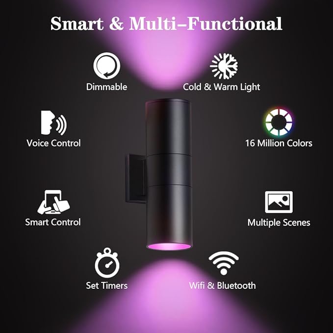KIZON Smart Porch Lights 2 Pack, RGB Modern Outdoor Wall Lights Dusk to Dawn Exterior Lighting Fixture App Control with Remote, Up and Down Outdoor Sconce Lights for House Patio Garage