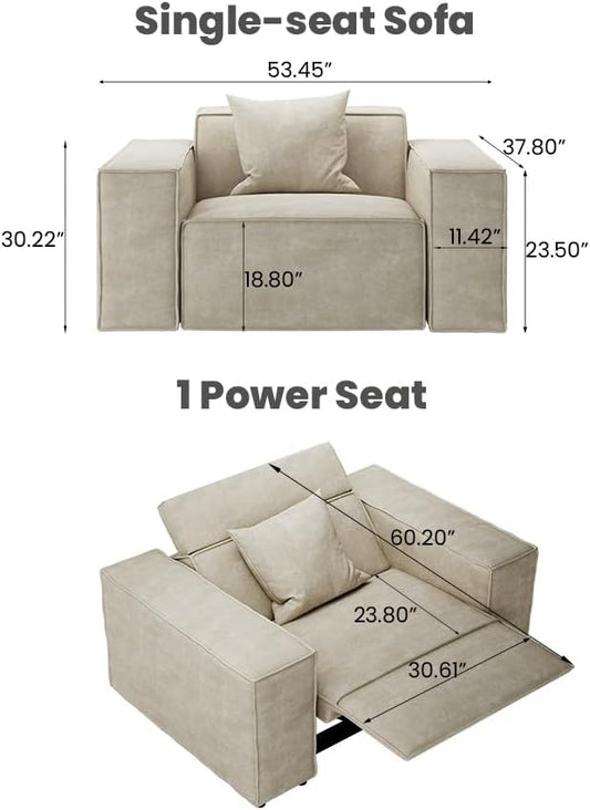 53" Power Reclining Chair, Modern Recliner Sofa for Living Room or Bedroom, Performance Fabric Seats with Pillows, Mid Century Modern Chair, Pet Friendly, Beige