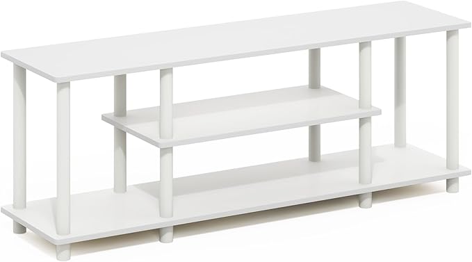Furinno Turn-N-Tube TV Stand, 3-Tier Open Frame Rectangular Entertainment Center with Storage Shelf, TV Console for TV up to 50 Inch, Toolless Assembly, for Living Room, Bedroom, White