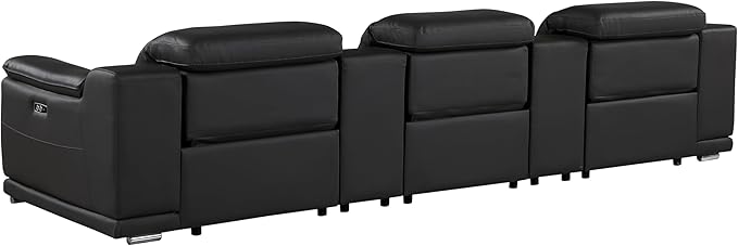 Blackjack Furniture Venice Top Grain Italian Leather Power Recline 5 Piece Sofa - 134" Theater Seating Modern Couch for Living Room Apartment Lounge Home with Adjustable Headrests & USB Port, Black