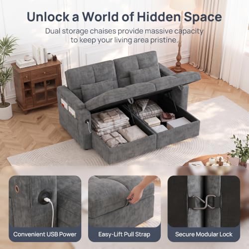 Convertible Sectional Sofa Bed with Storage, Tray & USB Port, Grey
