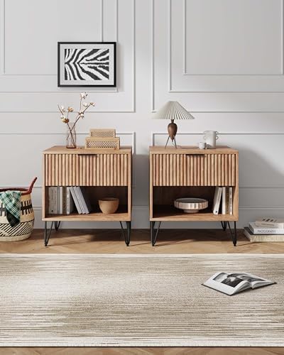 Manhattan Comfort Dumbo Modern Nightstand 1.0 with 1 Drawer and Metal Feet | Splayed Gold Legs | Vertical Ribbed Design | No Tool Assembly Storage for Bedroom & Living Room, Set of 2, Golden Brown