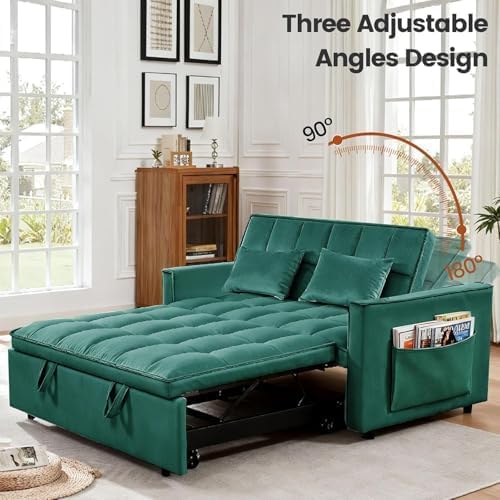 3 in 1 Convertible Sofa Bed, Velvet Fabric Loveseat Sleeper Sofa with Side Pockets, Pull Out Couch with Adjustable Backrest for Small Spaces, Living Room, Bedroom, Apartment, Green