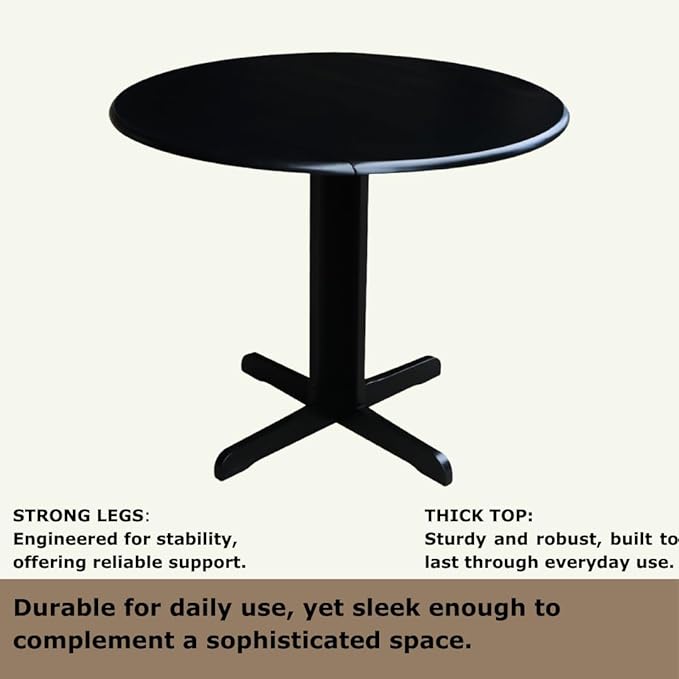 IC International Concepts, Dual Drop Leaf Table - 36", Solid Wood, Real Parawood, 36" W x 36" D x 30" H, Easy Assembly, Black