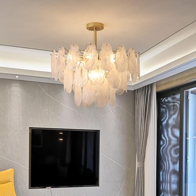 Modern Gold Chandelier Lighting, D23.6 Inch Creative Cloud Glass Pendant Ceiling Fixture Lamp, 3 Tier Round Crystal Glass Chandelier, 9-Light for Living Room Bedroom Dining Room (E12)