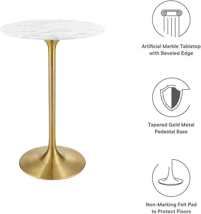 Modway Lippa 28" Mid-Century Modern Bar Table with Round White Top and Gold Pedestal Base